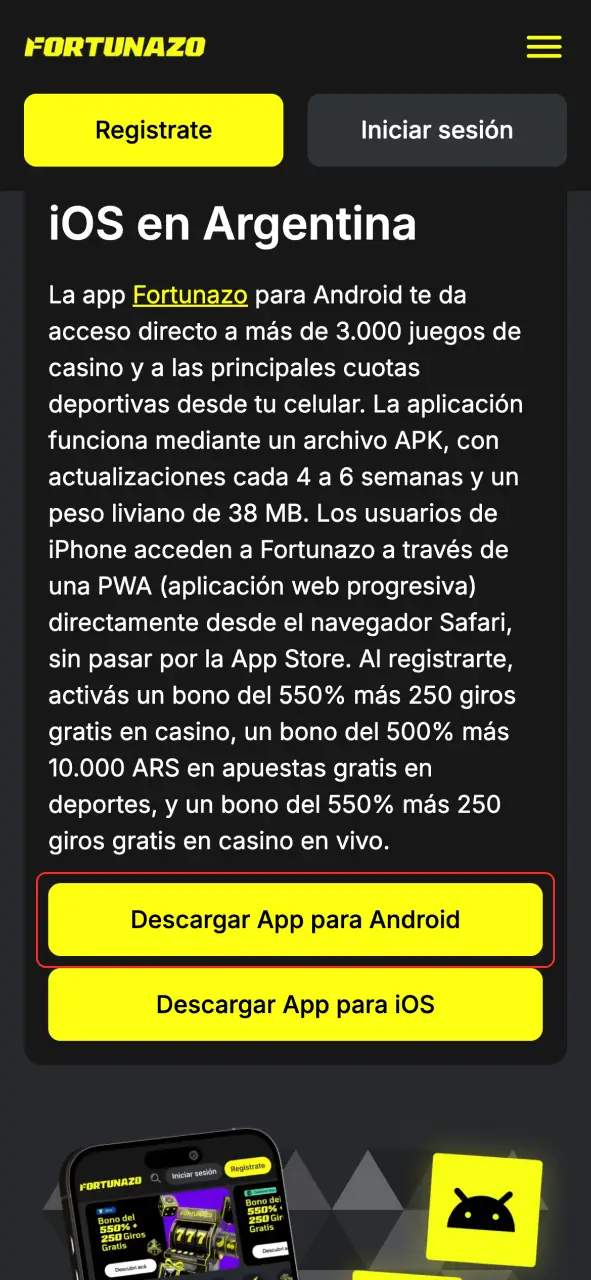 Presiona el botón para instalar Fortunazo en tu Android.