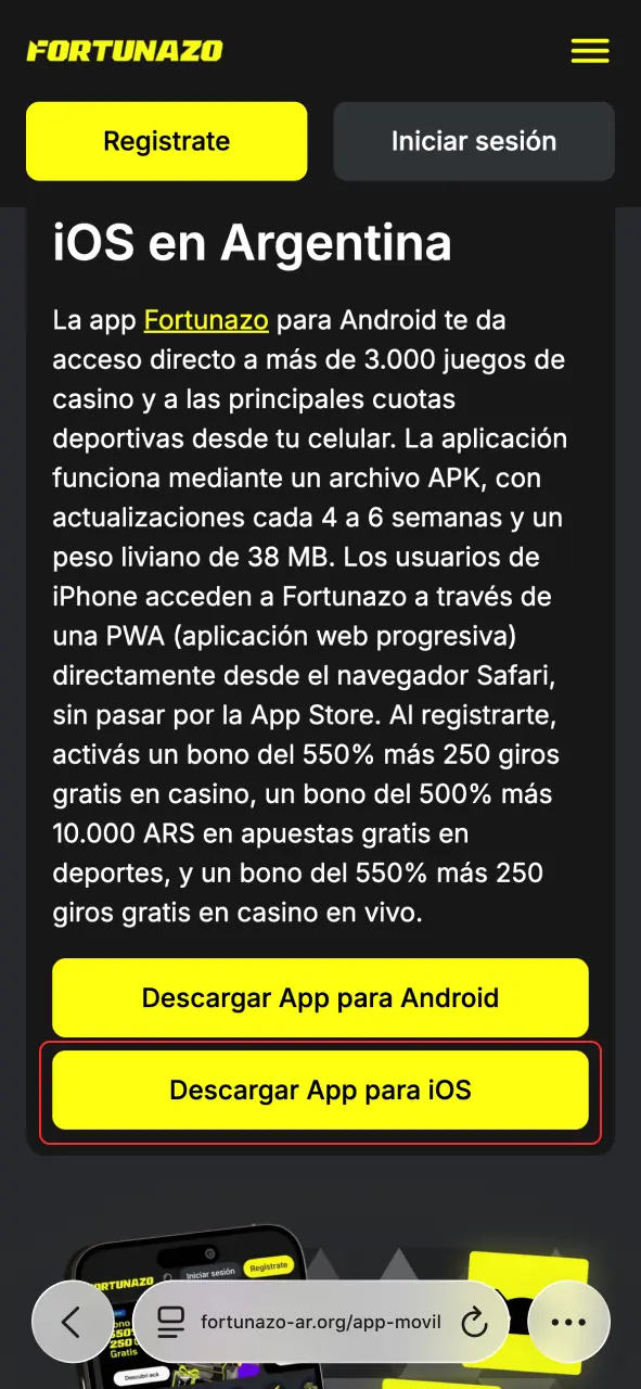 Abre Fortunazo en Safari y descarga la app en tu iPhone.