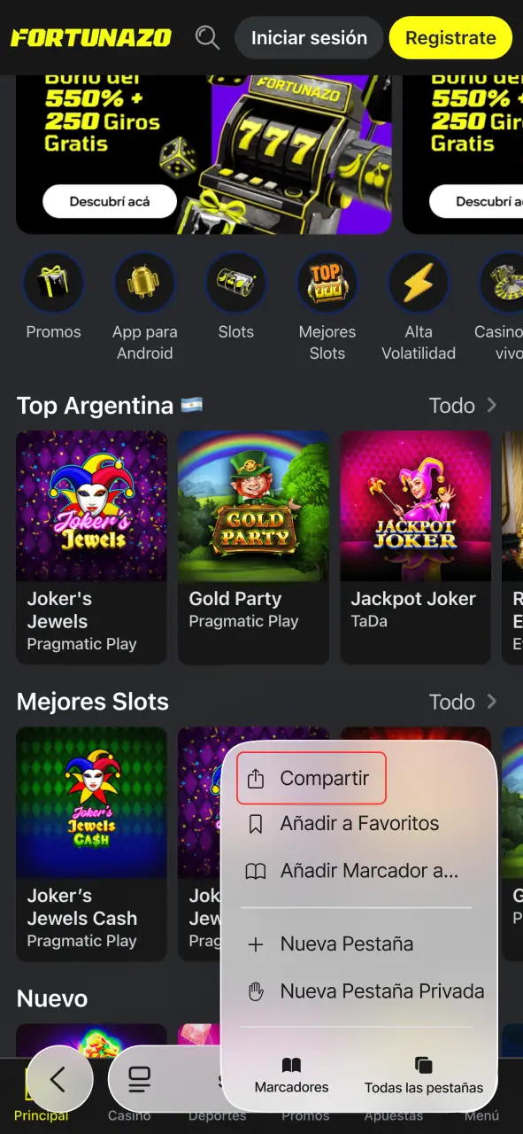 Toca el ícono de compartir en Safari y añade Fortunazo.