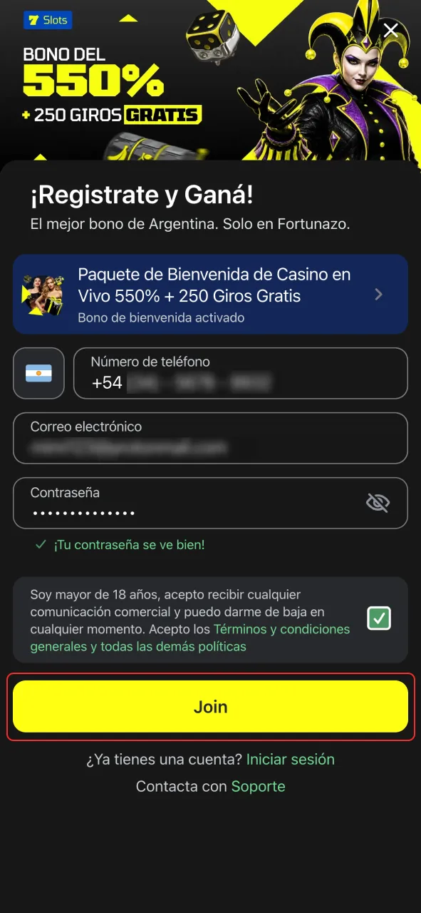Completa tu registro en Fortunazo y empieza a jugar.