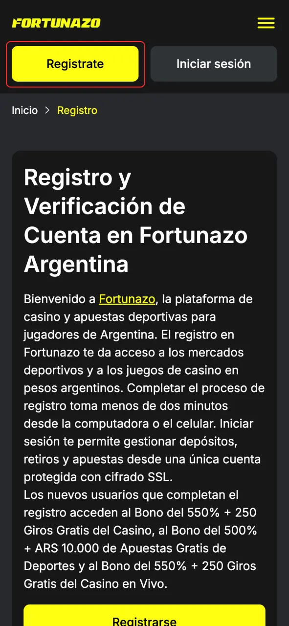 Haz clic en el botón y accede al formulario en Fortunazo.