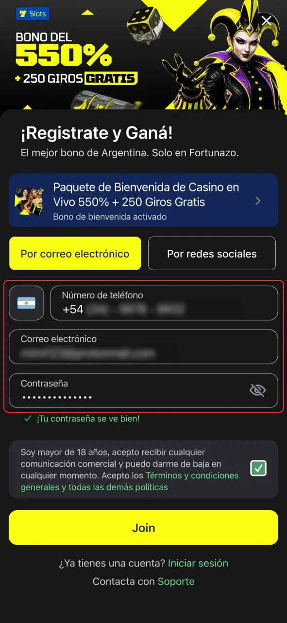 Completa tus datos en Fortunazo y activa tu cuenta.