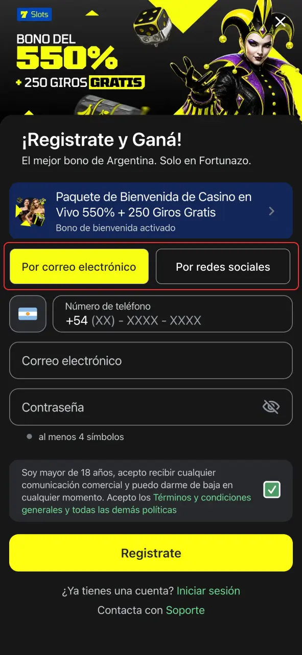 Elige tu método de registro en Fortunazo y empieza a jugar.